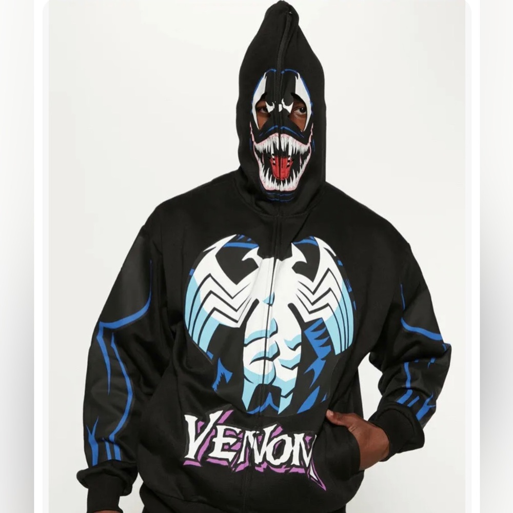 Fashion Nova + Venom Zip Up Hoodie Black Marvel Sweatshirt Long Sleeve